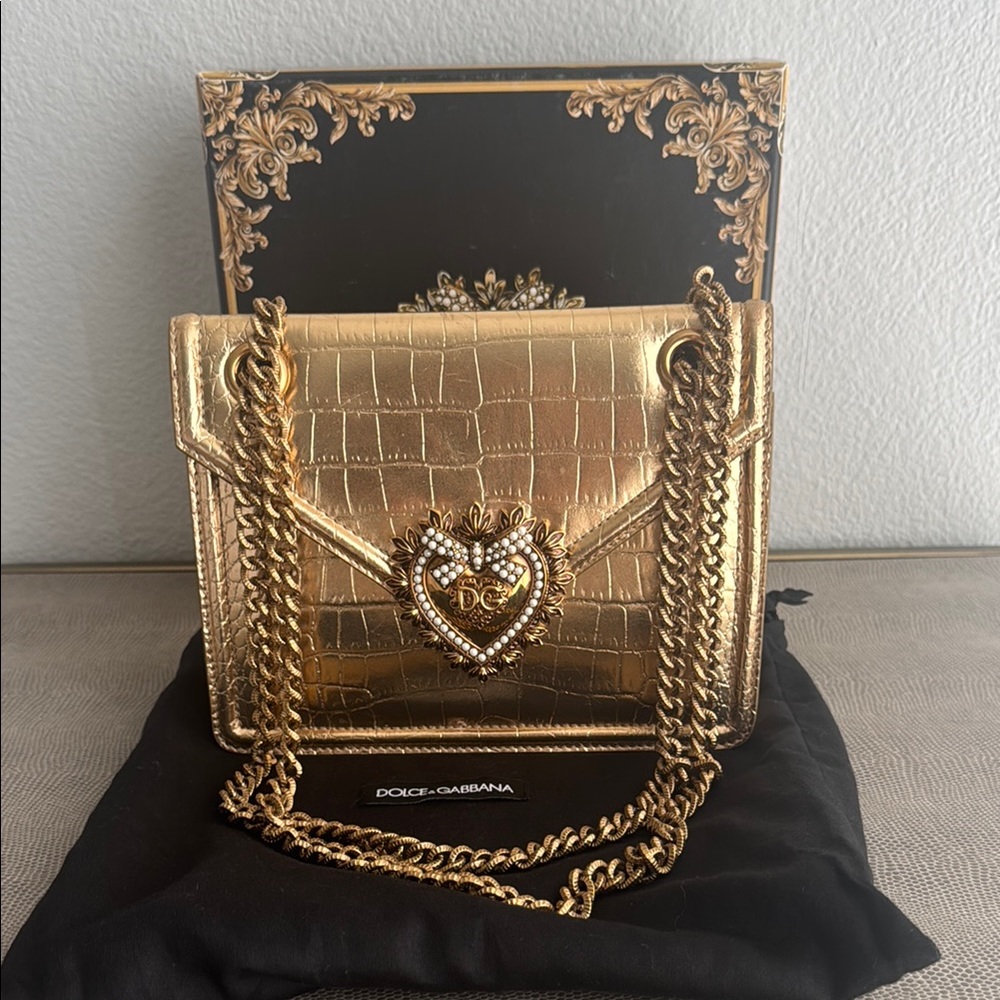 Dolce & Gabbana Gold Crocodile Textured Clutch
